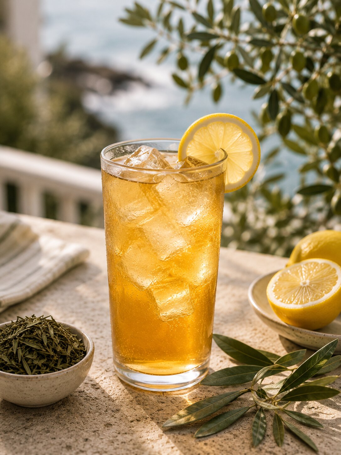 Golden Coast Arnold Palmer: tall iced glass of olive leaf tea and lemonade with a lemon wheel