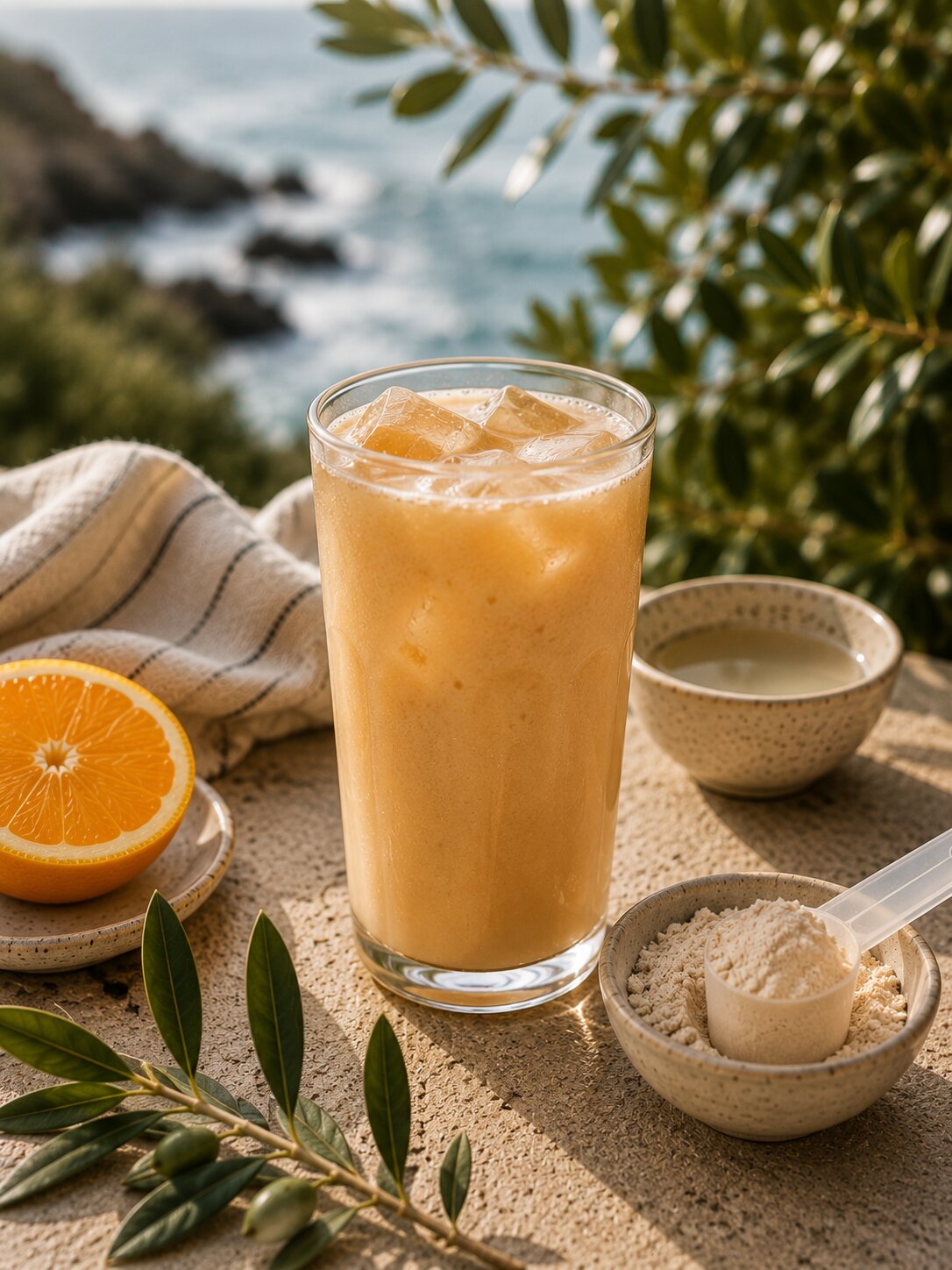 Malibu Morning Fuel: vanilla-orange protein shake made with olive leaf tea in a tall glass