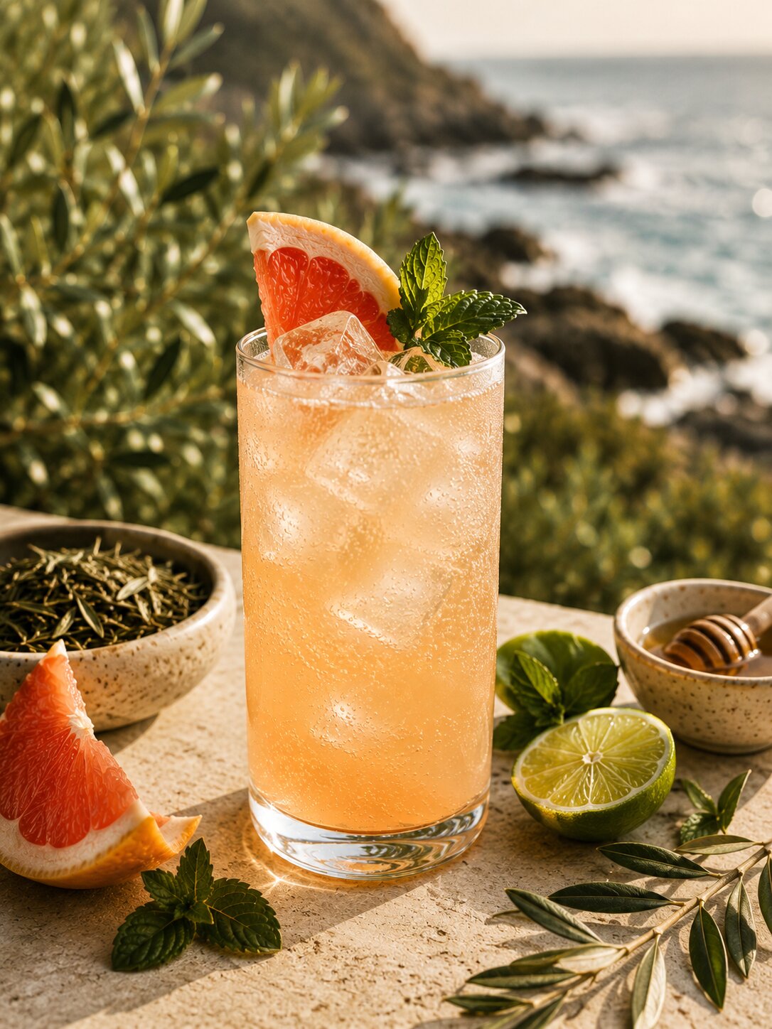 Pacific Grove Refresher: olive leaf tea spritz with grapefruit and mint in a tall glass