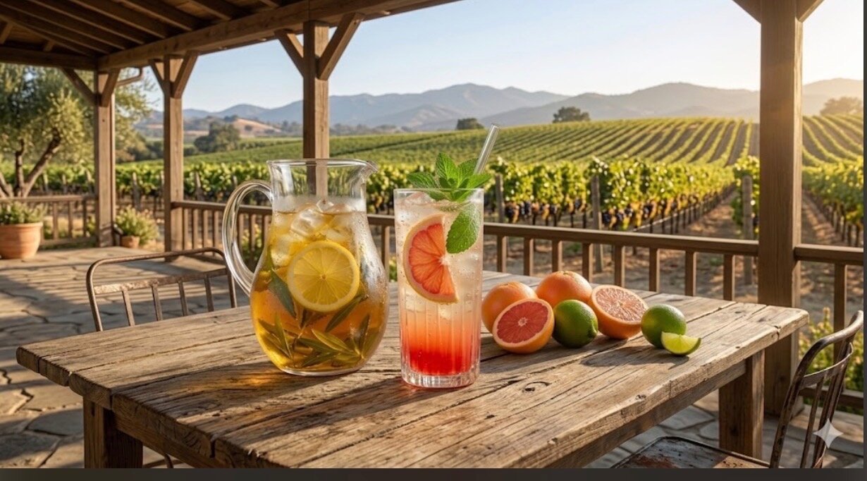 Pacific Grove Refresher: olive leaf tea spritz with grapefruit and mint in a tall glass