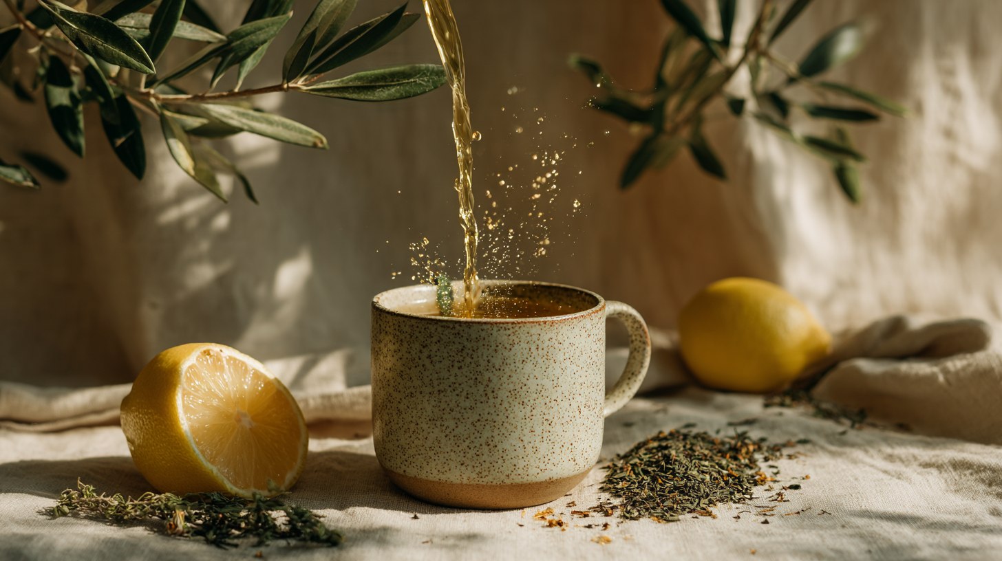 L and H Honey Citrus tea: sunlit flat-lay with olive branches and lemons