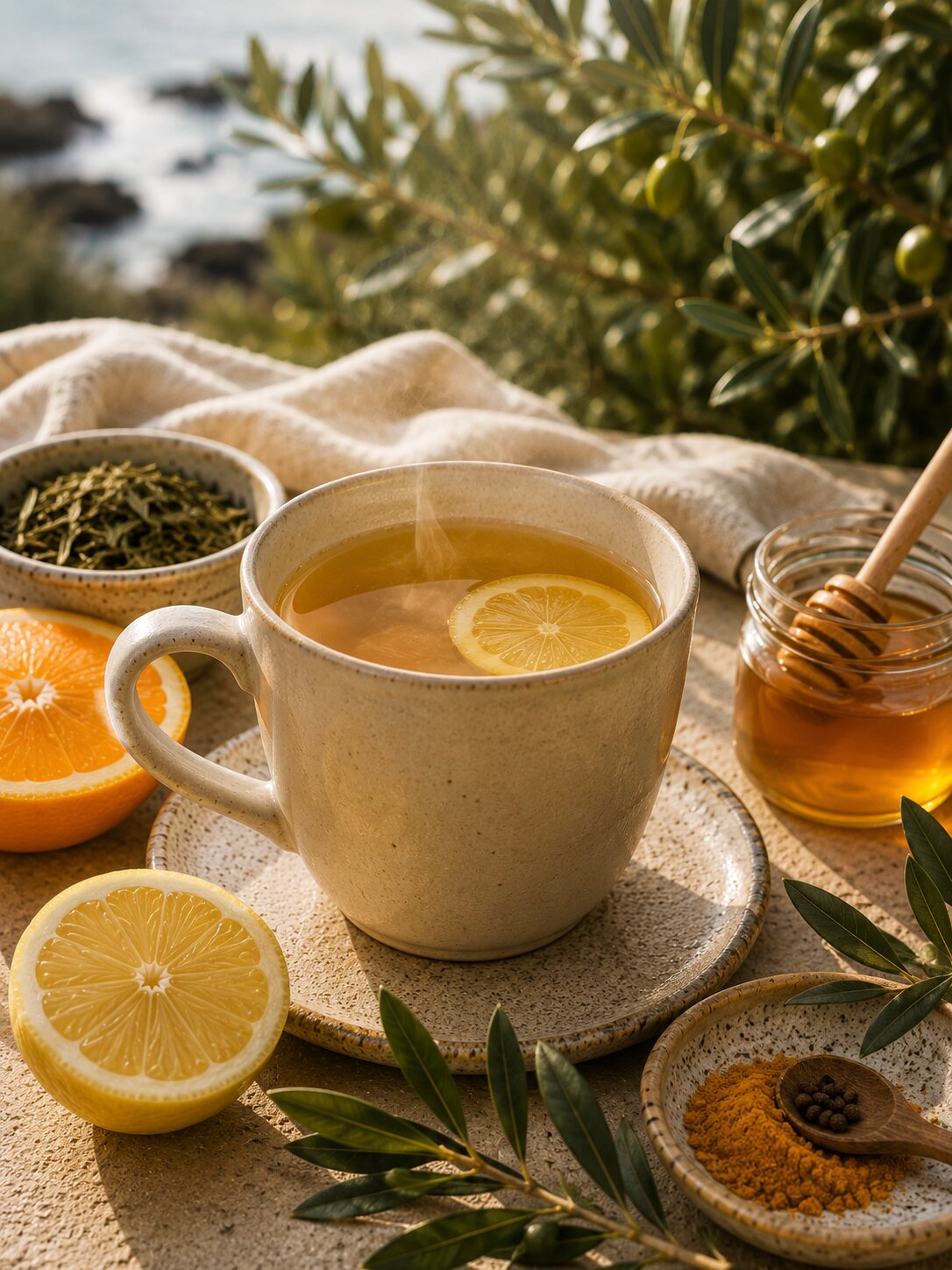 Olive leaf tea served in a sunlit kitchen flat-lay