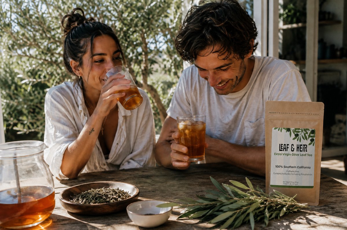 A couple smiling at a sunlit outdoor table, sharing glasses of iced Leaf & Heir olive leaf tea with the pouch and dried leaves on the wood table