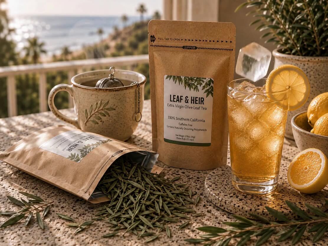 Leaf and Heir tea pouch beside a tall glass of iced tea with lemon and a steaming mug of hot tea, with olive branches and olives on linen