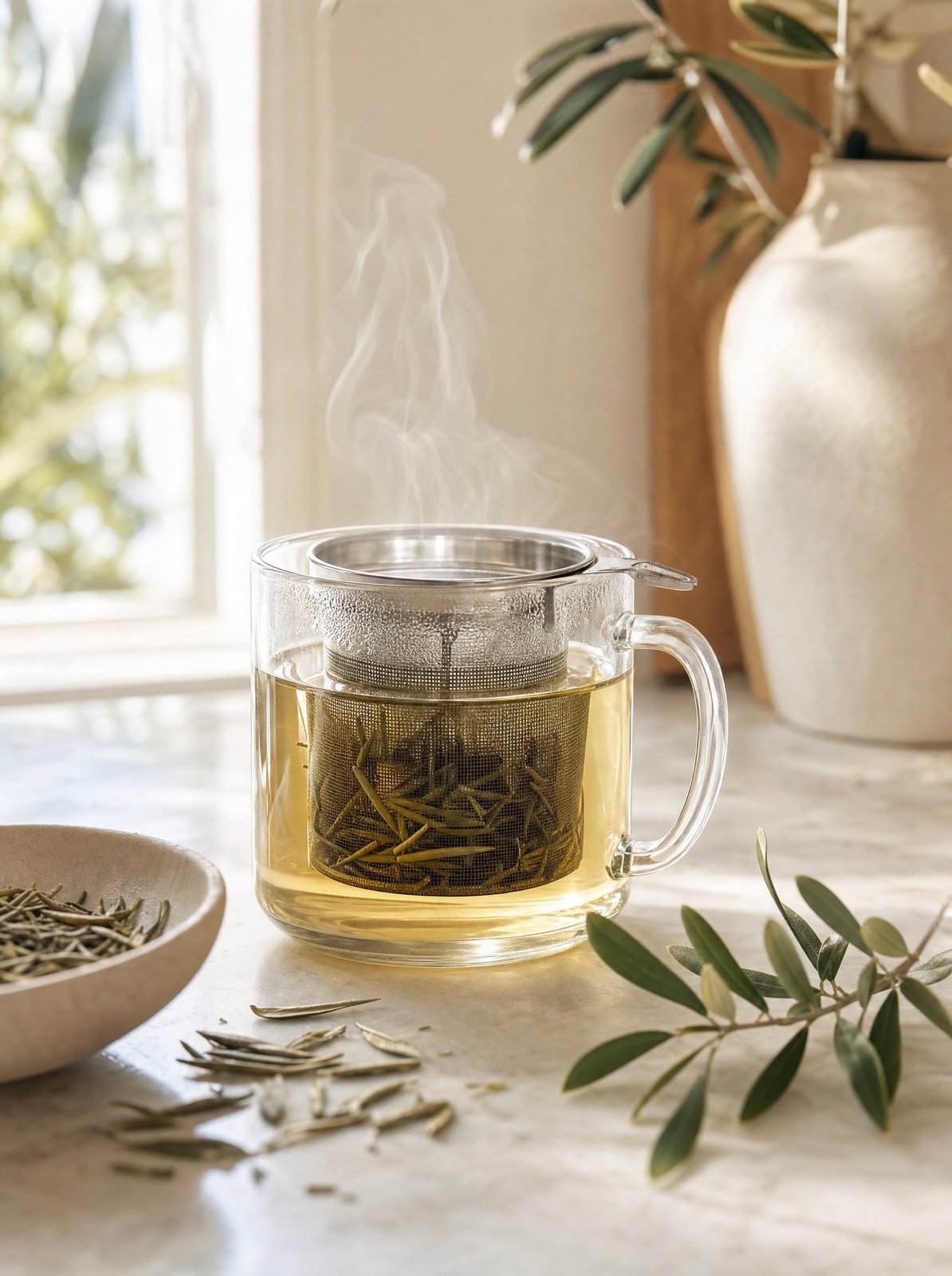 Steaming clear glass mug of olive leaf tea with a stainless steel infuser holding whole olive leaves, a small dish of dried leaves and olive branches alongside in soft window light