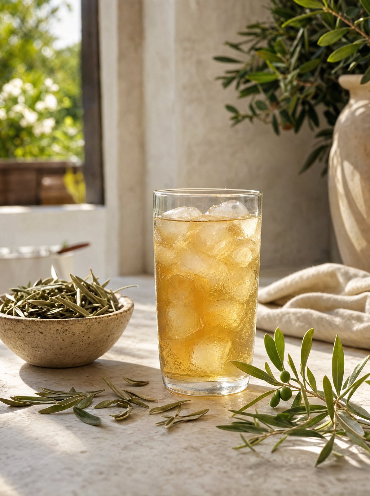 Tall glass of iced olive leaf tea over crushed ice with olive branches and a ceramic bowl of dried leaves on a sunlit stone counter