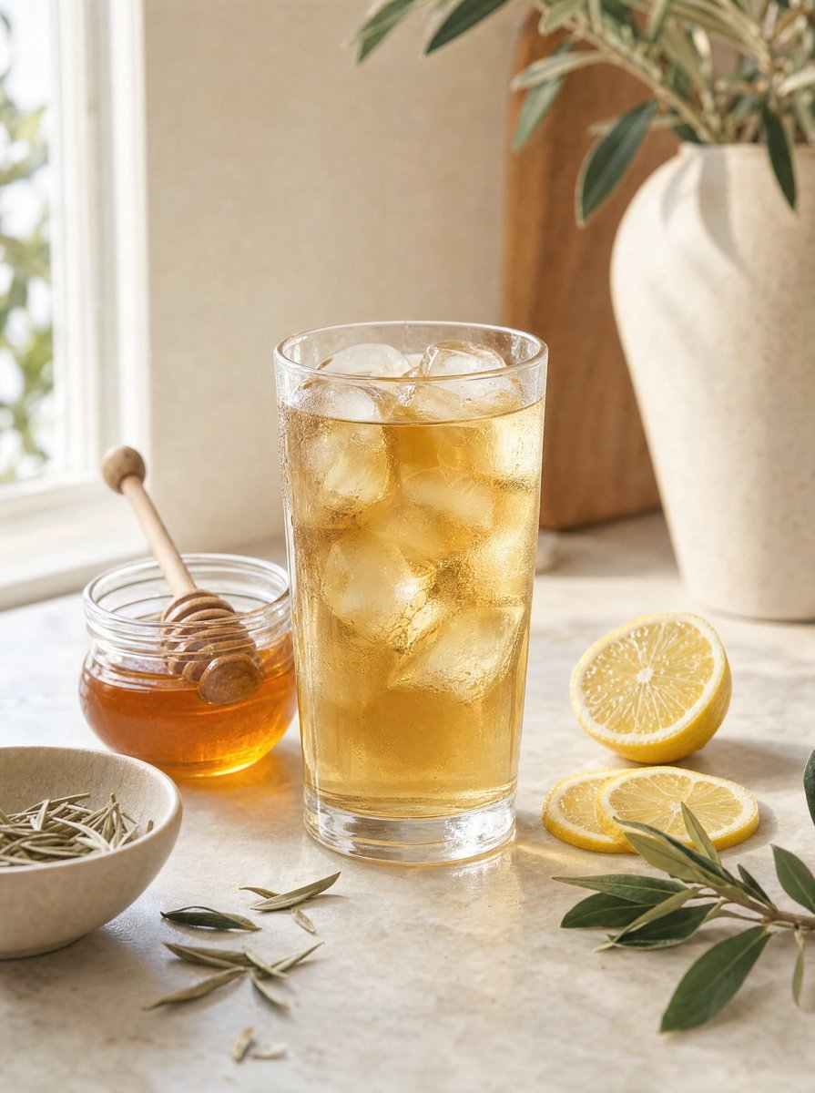 Tall glass of iced Leaf & Heir olive leaf tea with a small jar of honey, fresh lemon halves, dried leaves in a ceramic bowl, and olive branches on a sunlit stone counter