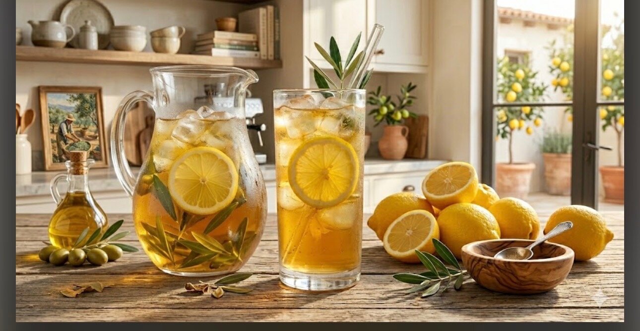 Golden Coast Arnold Palmer: tall iced glass of olive leaf tea and lemonade with a lemon wheel