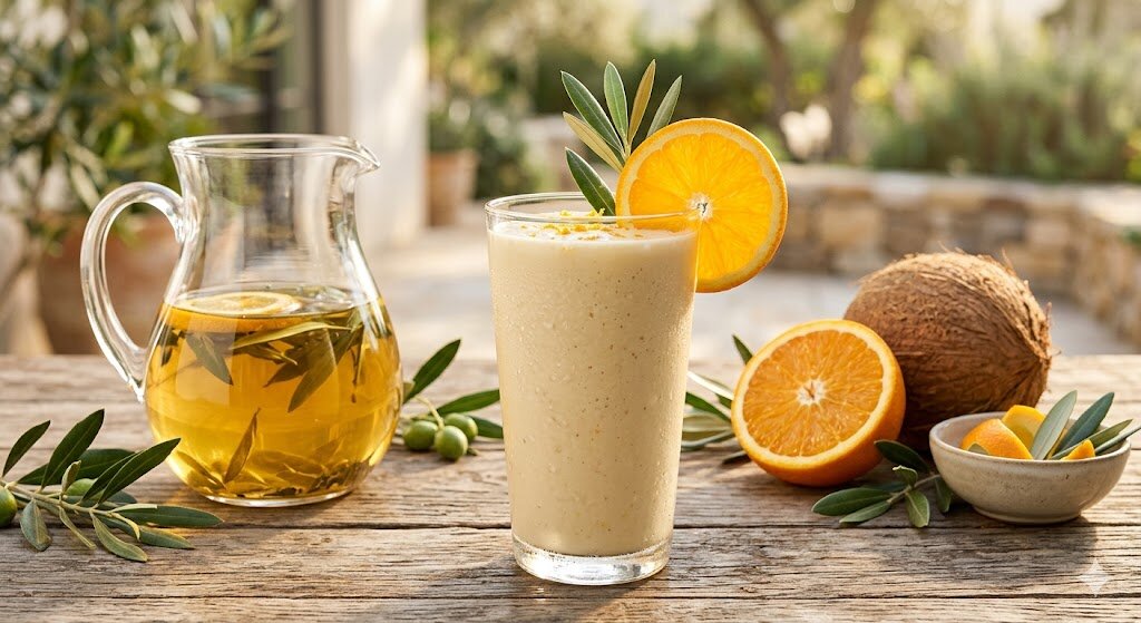 Malibu Morning Fuel: vanilla-orange protein shake made with olive leaf tea in a tall glass