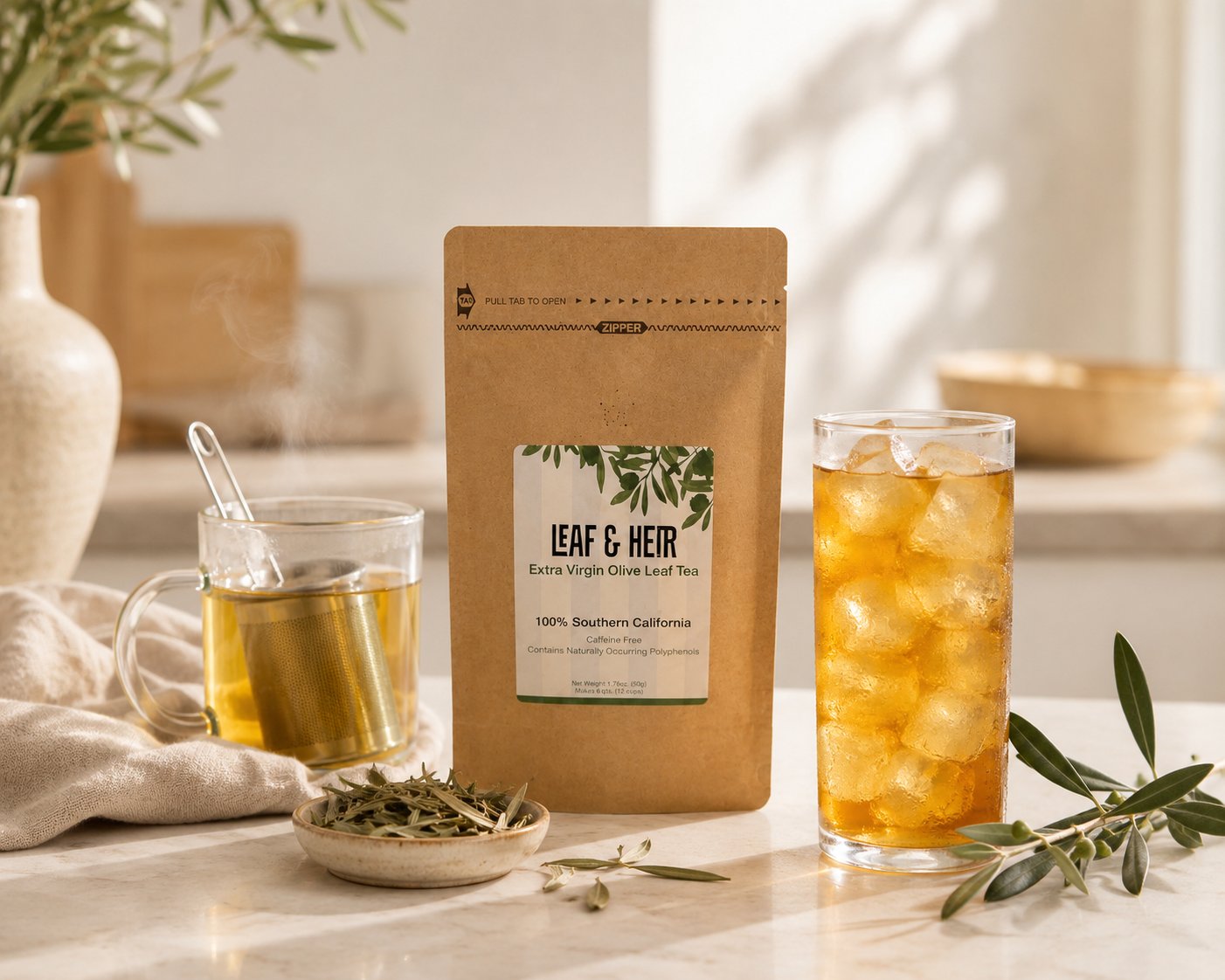 Leaf & Heir olive leaf tea pouch flanked by a clear glass mug of hot tea with a stainless infuser and a tall iced glass, with a small dish of dried olive leaves and olive branches on a sunlit marble counter